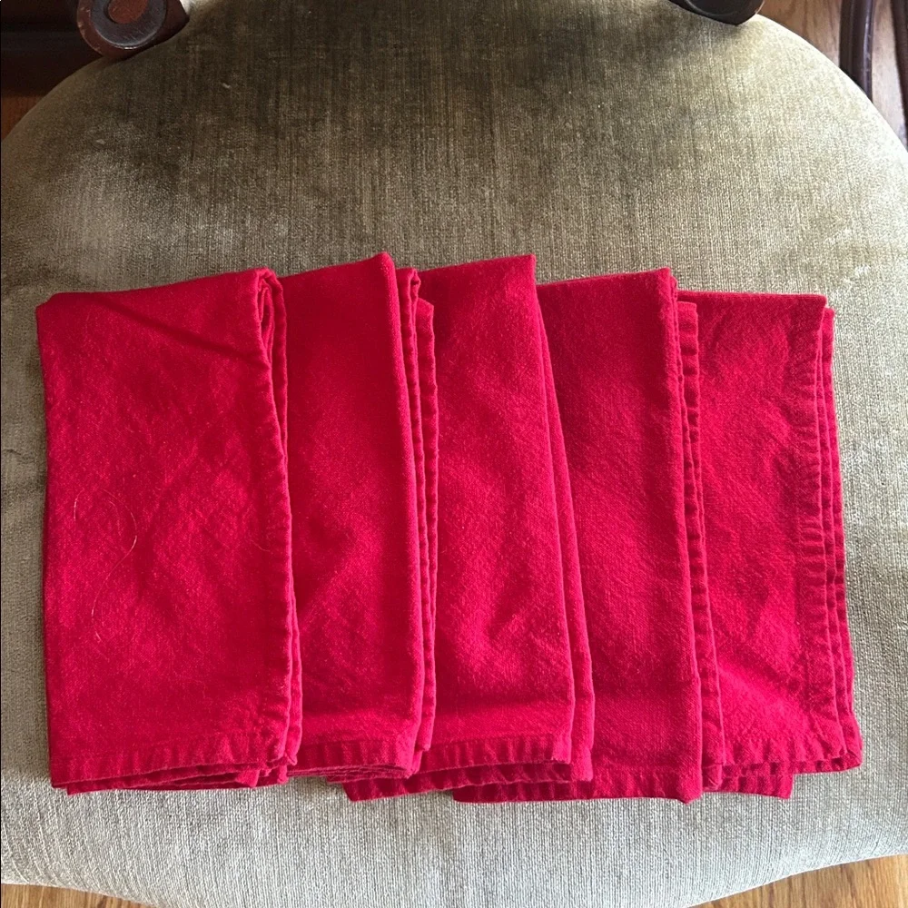 Set of Five Red Cloth Napkins Size 19” by 19”; Used once and Washed.